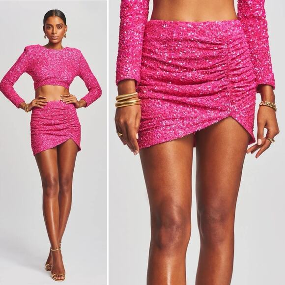 RETROFETE Celestia Sequin Mini Skirt Sunset Pink Gathered Hidden Zip Size XL NEW - Picture 1 of 11